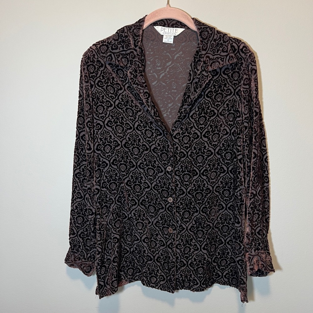 Petite Sophisticate Brown Silk Blend Velvet Whimsigoth Button Down Blouse 8